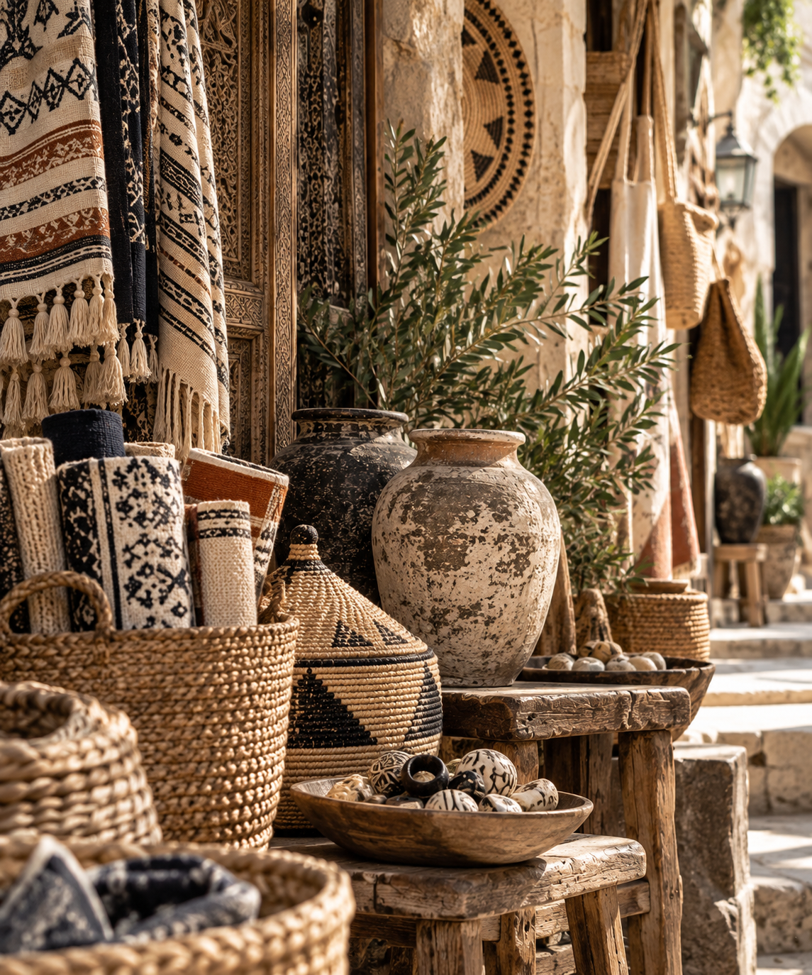 Sunlit artisan market layered with handwoven baskets, patterned textiles, weathered pottery, carved wood and olive branches.
