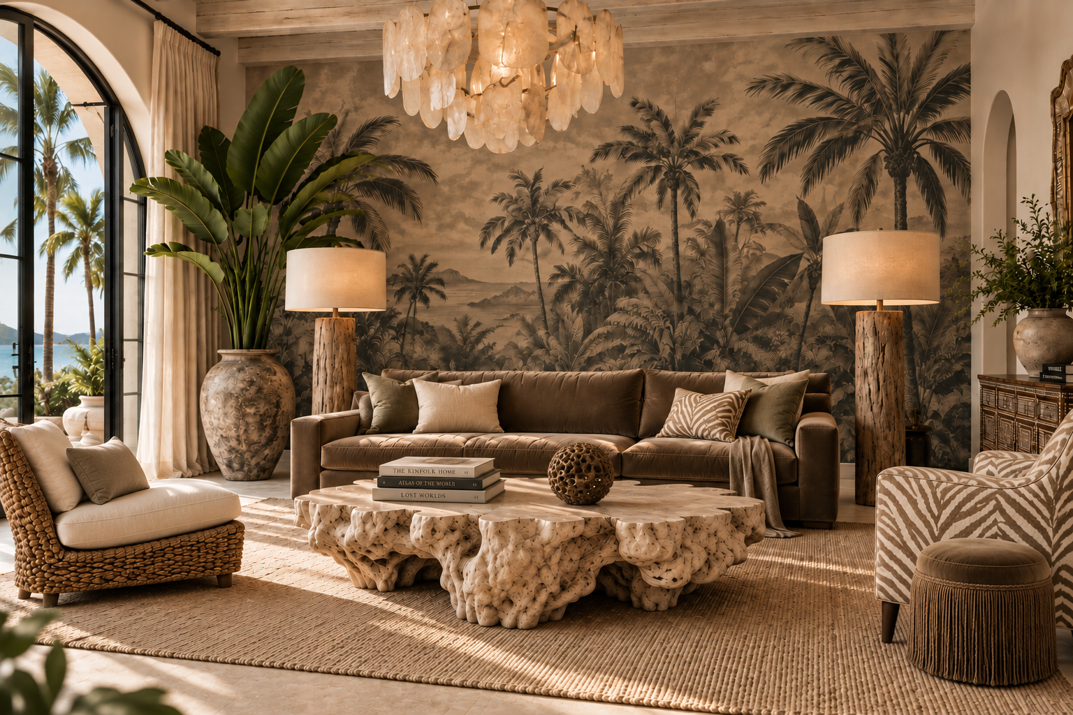Living room with tropical decor, large palm wallpaper, beige and brown furniture, large potted plant, coffee table, books, and natural lighting from large window with outdoor view of palm trees.