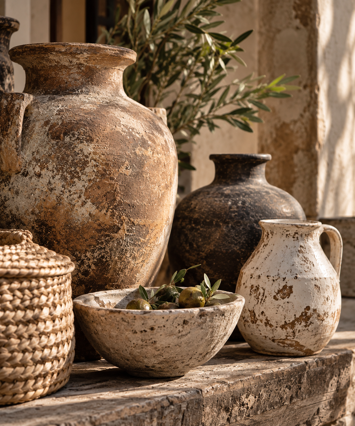 Weathered handmade ceramic vessels, woven basketry and olive branches arranged on an aged stone surface in warm natural light.
