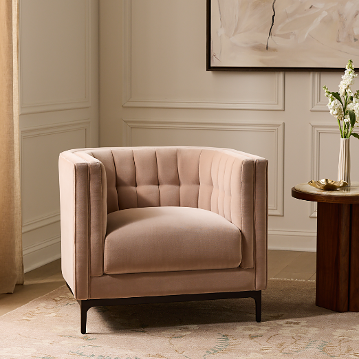 Ambroise Velvet Accent Chair | CB2

Soft blush-taupe velvet meets contemporary design in this sculptural accent chair. Its tailored channel detailing, generous proportions, and sleek dark base introduce warmth and sophistication. A beautiful contrast
