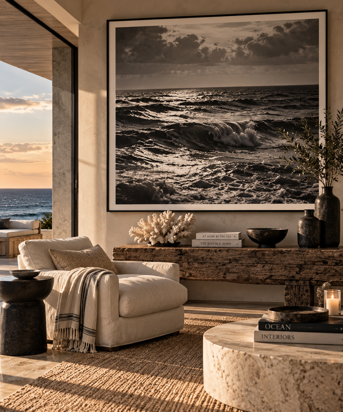 Contemporary coastal interior with oversized black-and-white ocean photography, cream linen seating, weathered wood, sculptural coral and natural stone.