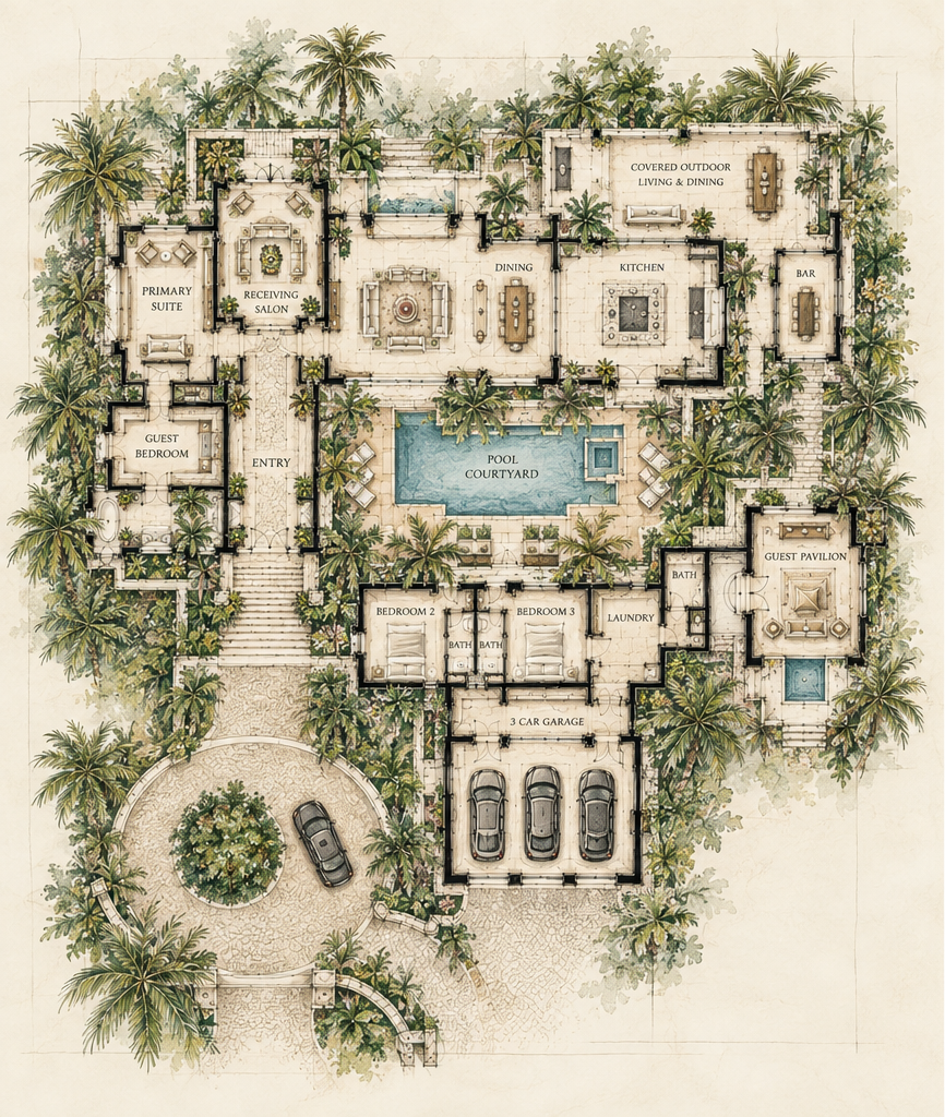 Architectural floor plan of a luxurious tropical-style home featuring a pool courtyard at the center, surrounded by various rooms including a primary suite, guest bedroom, guest pavilion, multiple bedrooms and bathrooms, an outdoor living and dining area, kitchen, bar, reception salon, laundry, and a three-car garage, all landscaped with numerous palm trees.