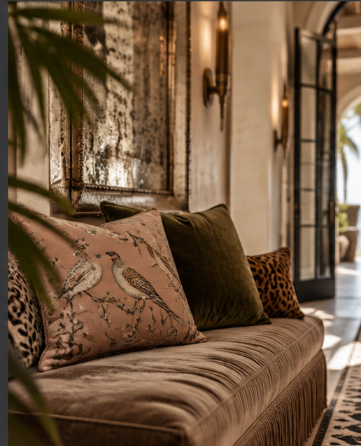 Vintage-inspired blush pink botanical pheasant pillow layered with olive velvet cushions on a fringed upholstered bench beneath an aged mirror in a collected coastal entryway.