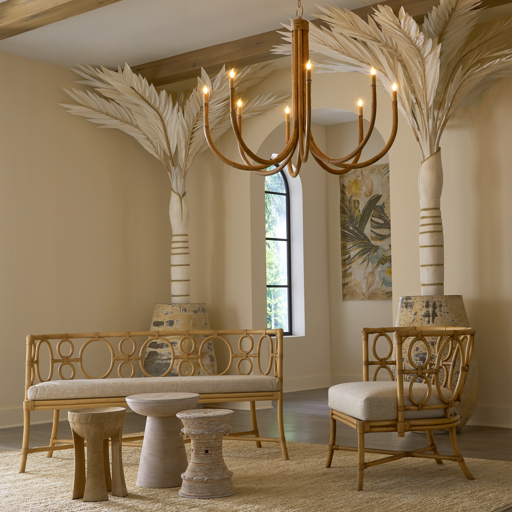 Collected interior with sculptural furnishings, natural textures and global influences