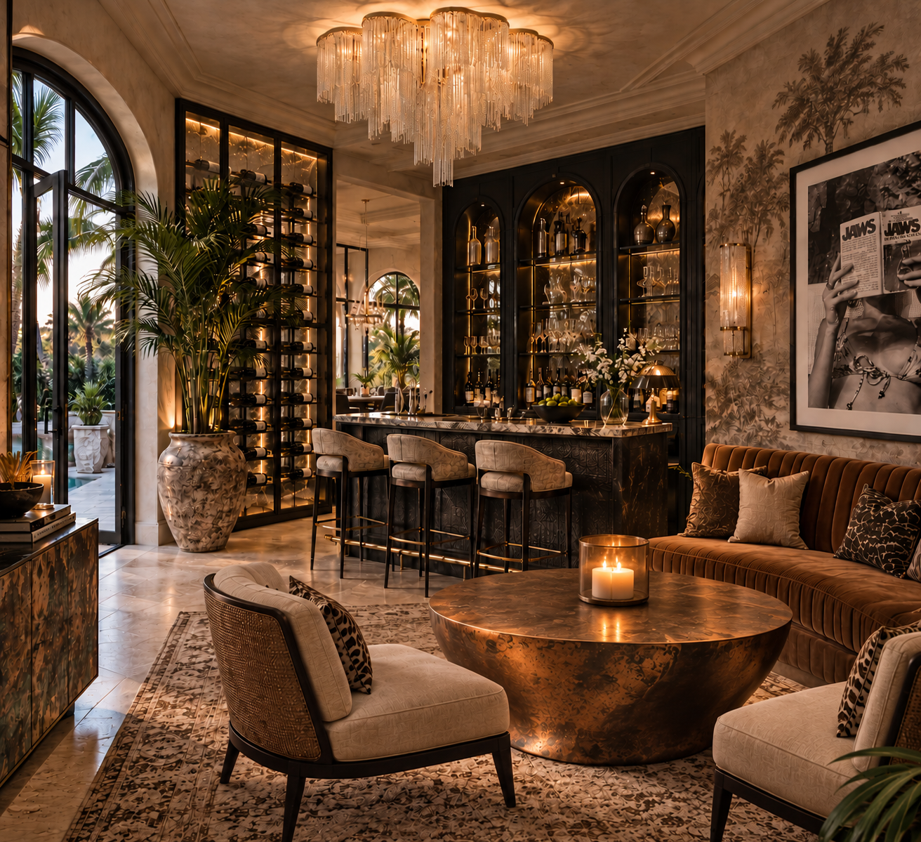 Elegant living room with large arched windows, a chandelier, a large potted plant, a bar area with barstools, and a seating area with a velvet sofa, armchairs, and candles.