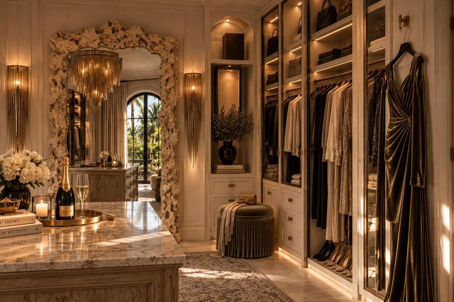 Luxurious walk-in closet with clothing, shoes, and elegant decor, illuminated by warm lighting and a crystal chandelier.