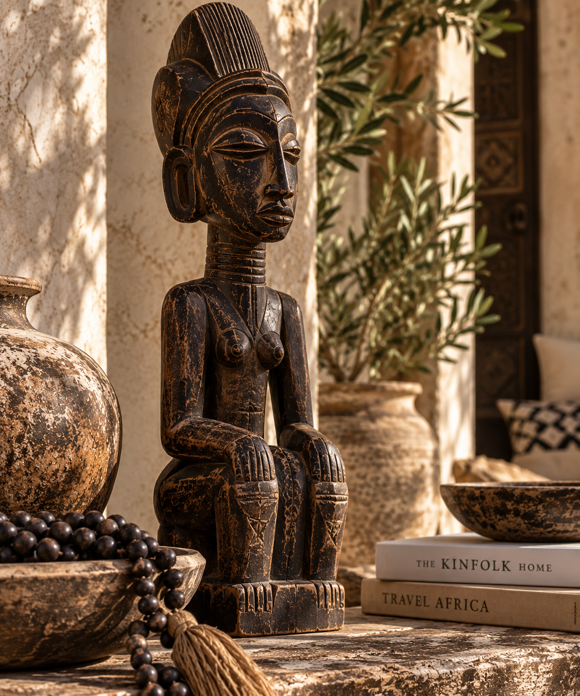 Hand-carved dark wood figure displayed with weathered pottery, natural beads and collected objects in warm sunlight.