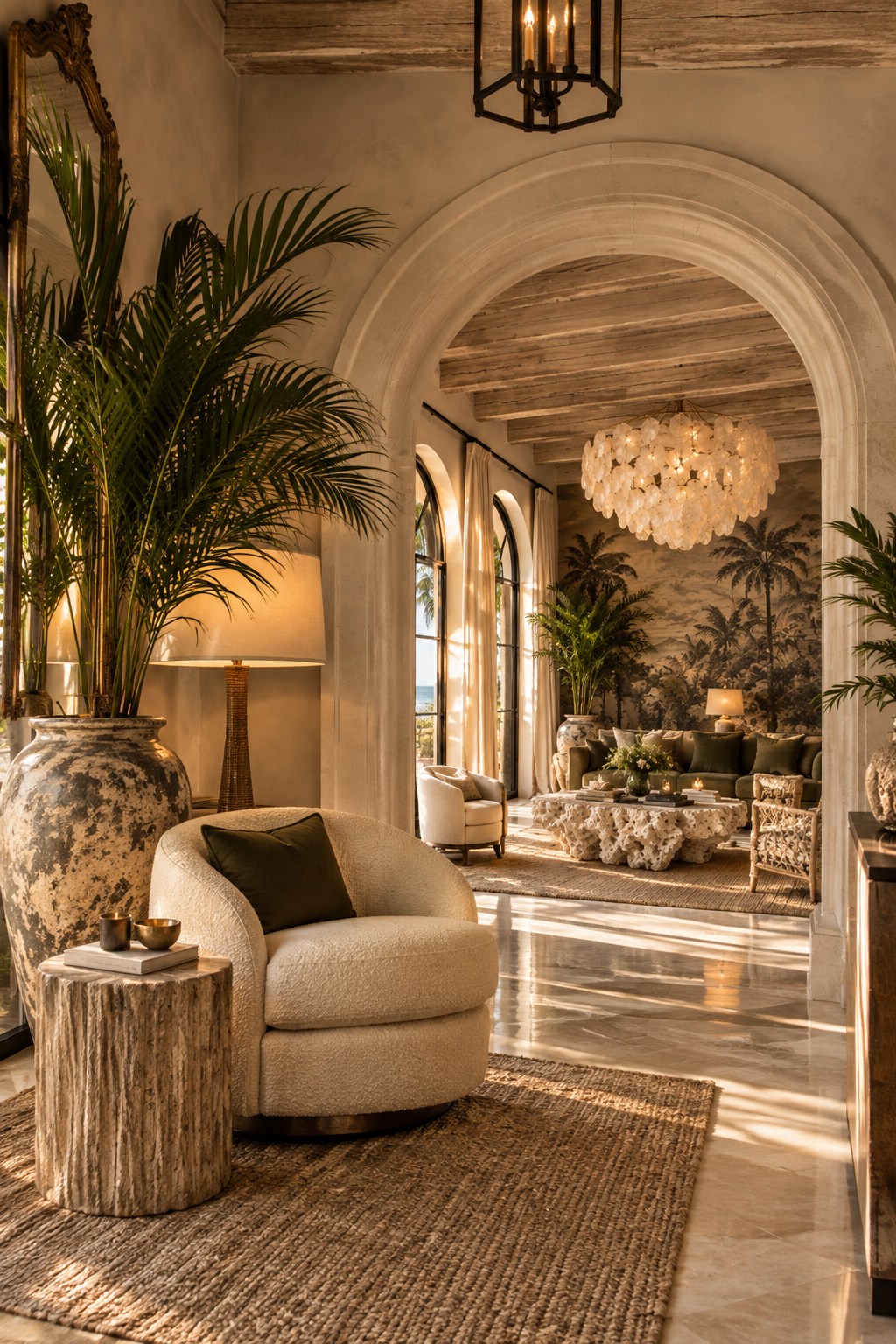 A luxurious living room with large arched windows, a chandelier, tropical palm mural, various seating options, and decorative plants, creating an elegant, tropical-inspired ambiance.