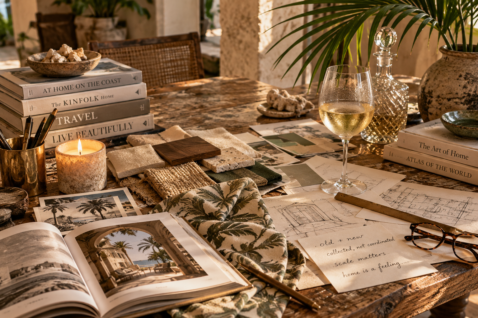 A wooden table with various design and architecture books, sketches, photographs, and samples of materials, along with candles, a glass of white wine, decorative bottles, a pair of glasses, and a patterned cloth, creating a creative workspace ambiance.