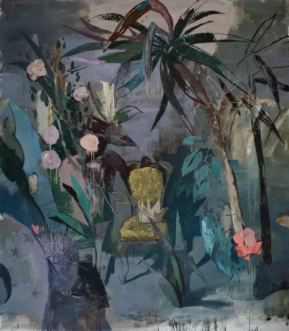 Garden of Inner Silence [Paper Crown] by Glib Franko, through Rise Art. Moody blues, layered botanical forms, and soft pink accents create a dreamlike garden.