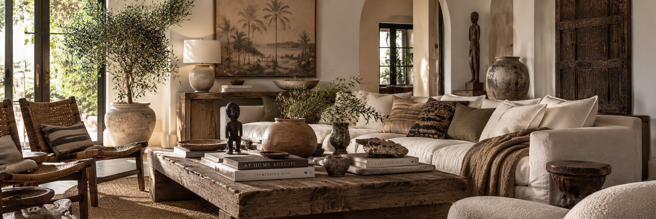 Layered collected living room with antique wood, global objects, natural textures and contemporary furnishings. That captures what matters visuall