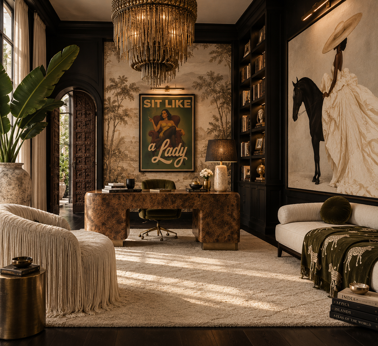 A luxurious home office with dark walls, a large desk, and comfortable seating. Decor includes framed artwork with a woman on horseback, bookshelves, a large potted plant, and elegant lighting fixtures.