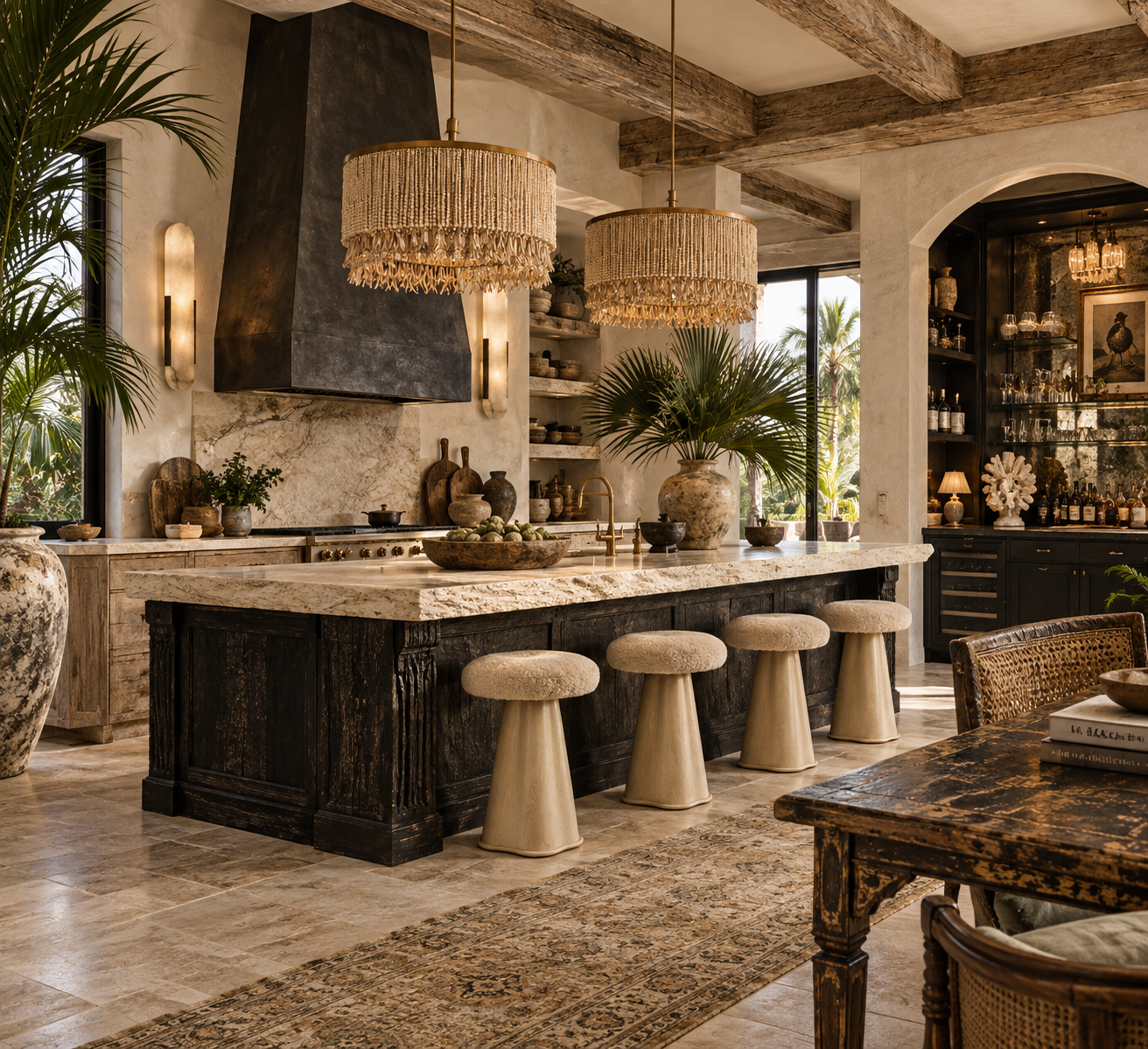 A rustic kitchen with a marble island, four beige bar stools, large potted plants, and decorative items. Antique-style pendant lights hang above the island, and there are open shelves with dishes and a dark cabinet filled with bottles and glassware. The space has exposed wooden beams and large windows allowing natural light.