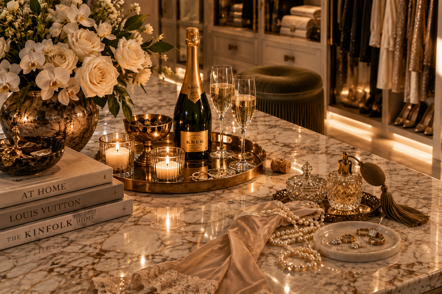 A luxurious marble kitchen island decorated with a large bouquet of white roses and orchids in a metallic vase, a tray with a bottle of Krug champagne and two flutes, lit candles, jewelry, and decorative glass bottles, with a background of open shelv