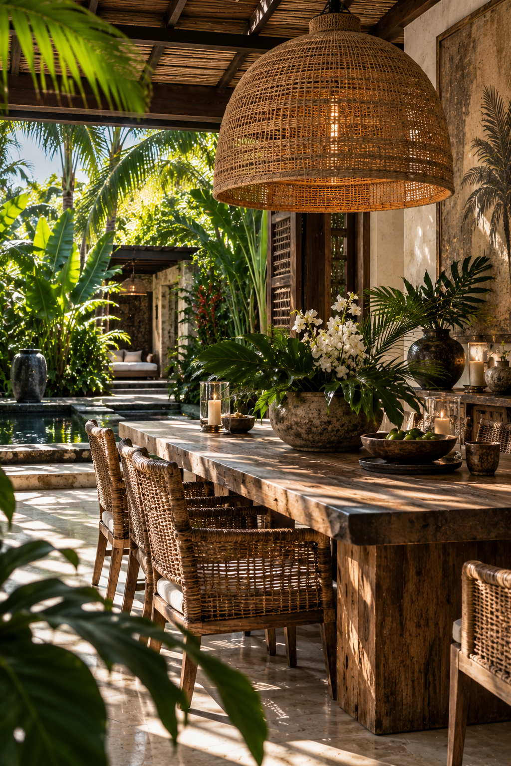 Open-air tropical dining space with an oversized woven rattan pendant, reclaimed wood table, woven chairs, natural stone and lush garden greenery.