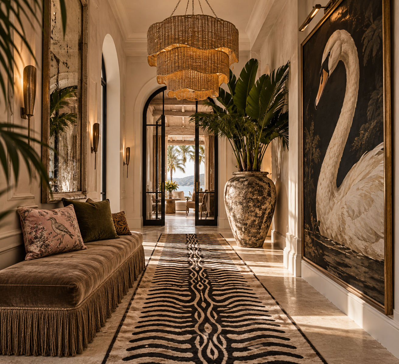 Elegant hallway with large potted plant, a zebra-striped rug, framed artwork of a swan, a chandelier, and open doors leading to an outdoor patio with palm trees and water view.