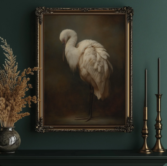 Ivory Feathers in Contemplative Stillness, through Kool Design. Soft ivory plumage against a moody background brings graceful form, quiet contrast, and an old-world sensibility.