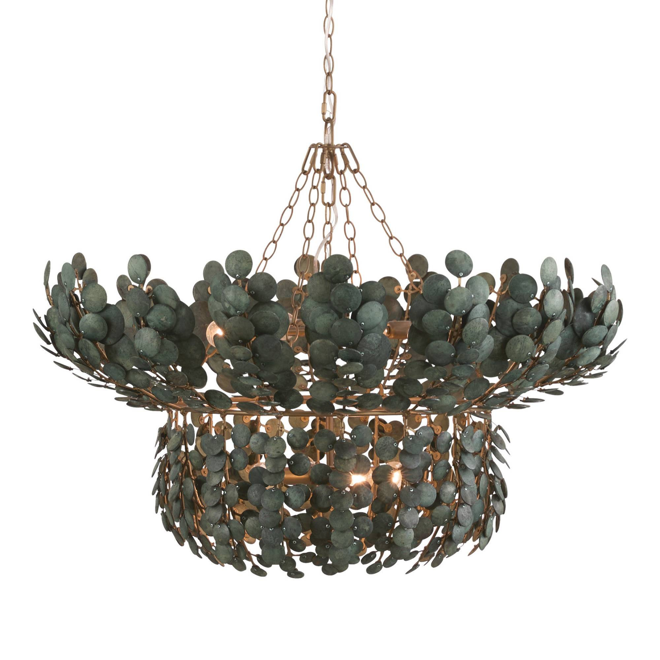 Bilal Chandelier | Arteriors

Inspired by tropical foliage, this sculptural two-tier chandelier combines organic eucalyptus-green coconut detailing with warm metallic accents. An unexpected statement piece that brings natural texture and architectura