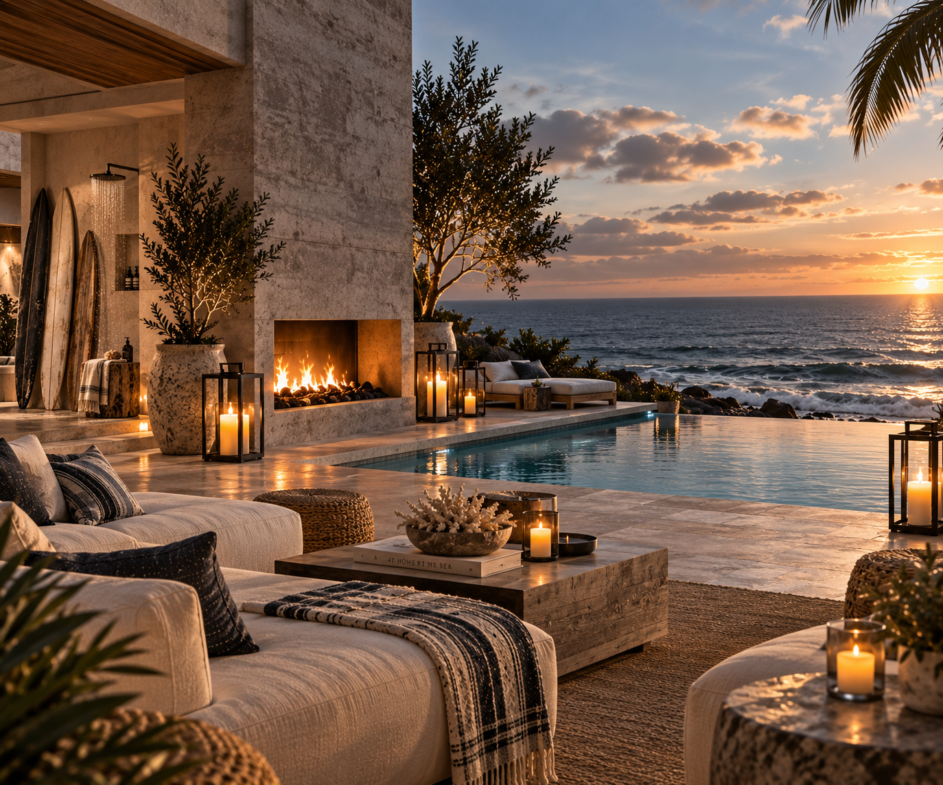 Contemporary oceanfront terrace with an infinity pool, architectural fireplace, glowing lanterns, cream seating, vintage surfboards and an outdoor shower overlooking the waves at sunset.