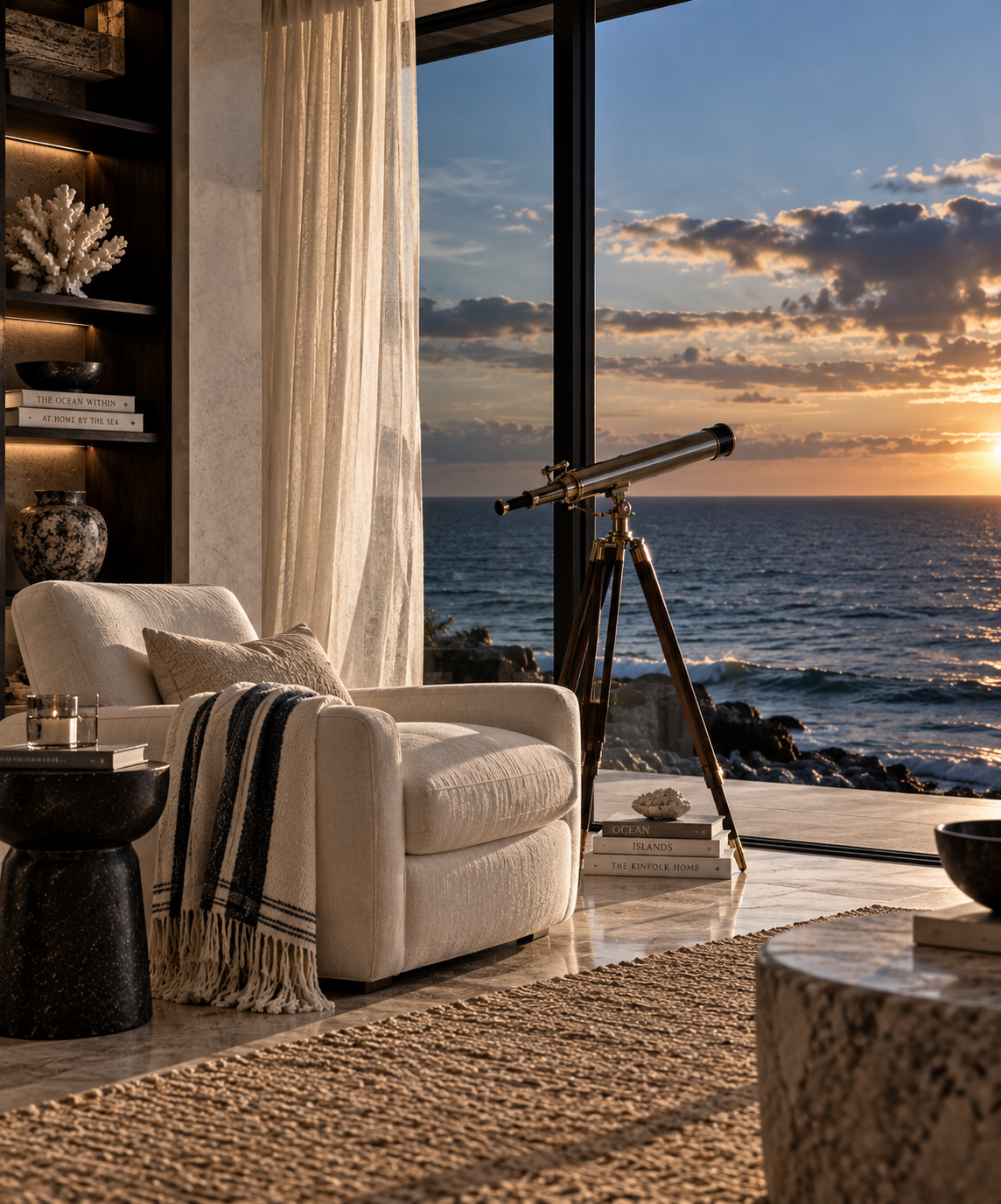 Contemporary oceanfront reading nook with a brass telescope, cream linen armchair, natural stone, dark accents and floor-to-ceiling views of the sea at sunset.