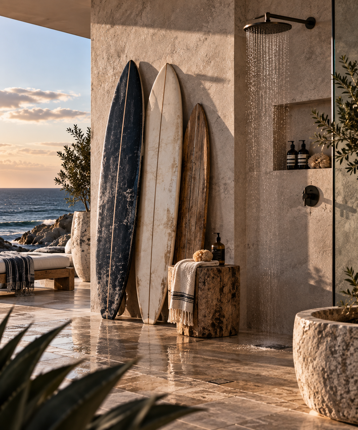 Weathered vintage surfboards beside a contemporary outdoor rain shower with natural stone, dark fixtures, coastal textiles and ocean views.