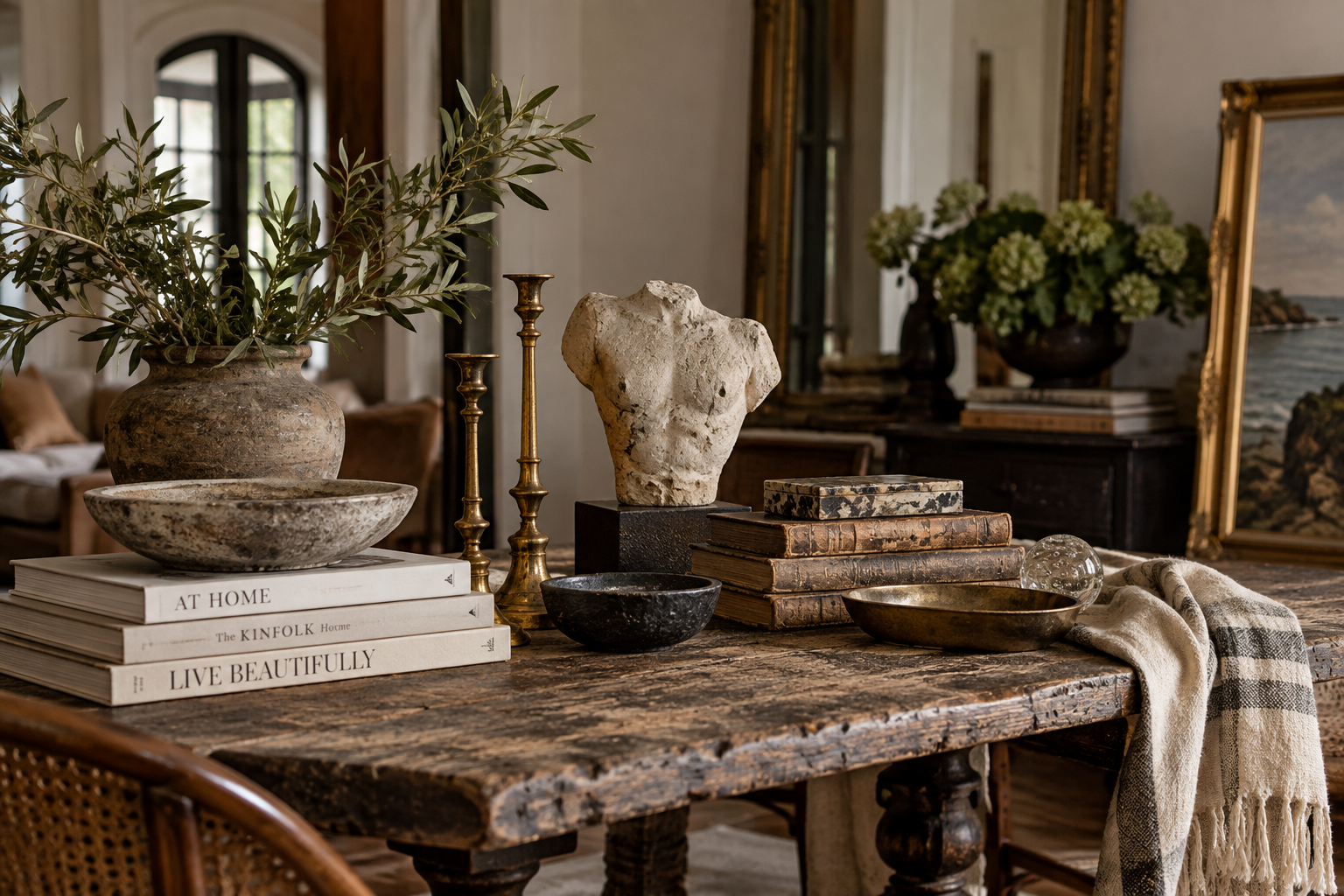 Collected interior vignette with antique books, aged brass candlesticks, sculptural pottery, natural textiles and found objects layered on a weathered wood table.