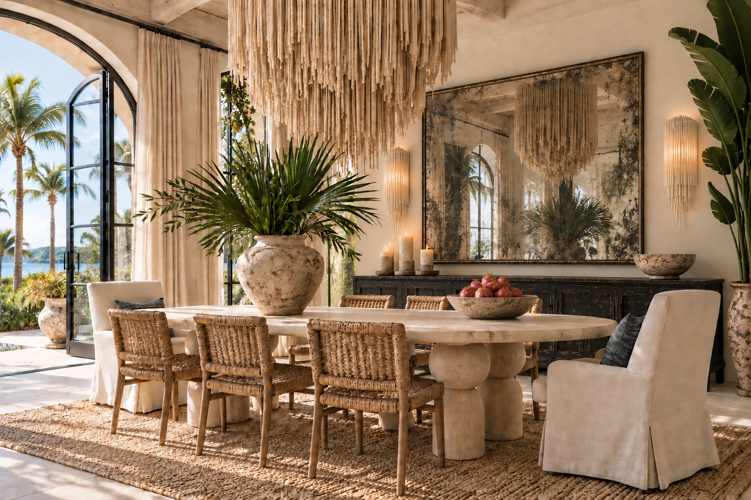 Elegant dining room with large window, tropical plants, rattan chairs, a marble table, candles, and a large mirror reflecting sunlight.