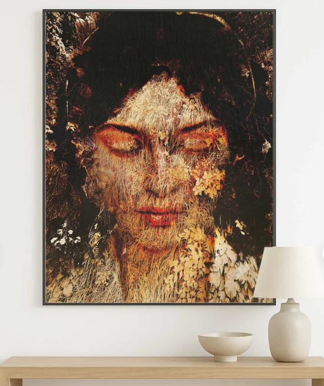 Portrait 466 by Dario M, through Wescover. A contemplative female portrait layered with botanical textures and rich amber tones brings warmth and striking visual depth.