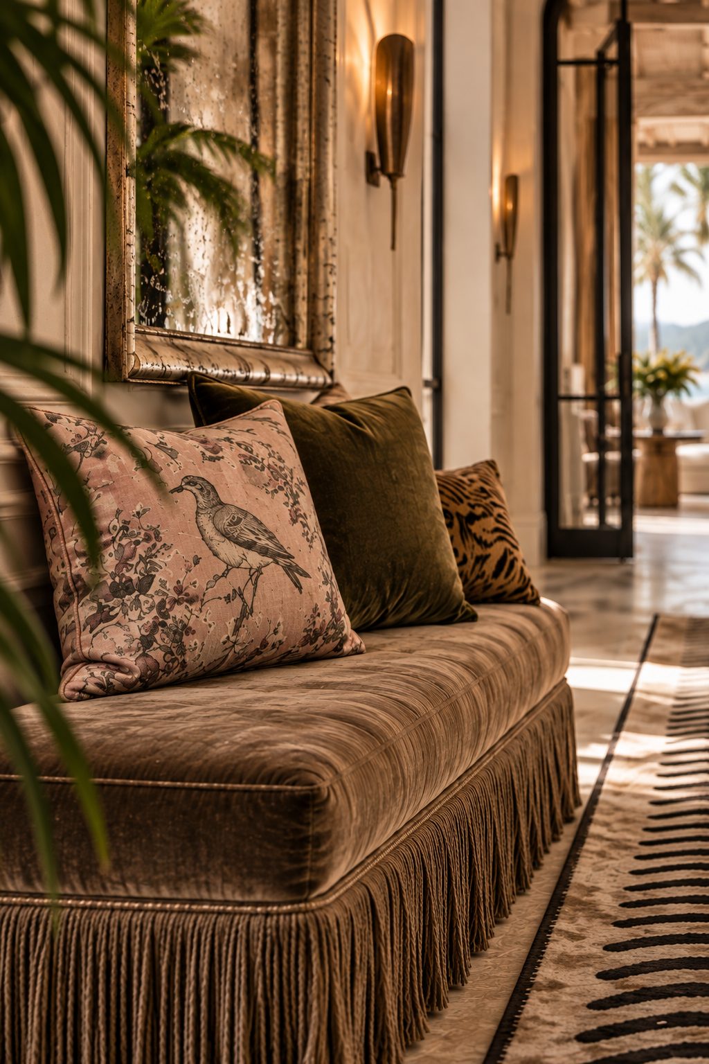 Close-up of a fringed velvet bench layered with patterned pillows in the Coast & Palm Design Home entry.