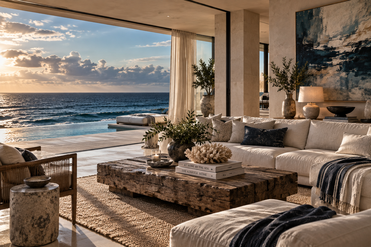 Contemporary oceanfront living room with cream linen seating, weathered wood, natural stone, deep blue accents and an infinity pool overlooking the ocean.