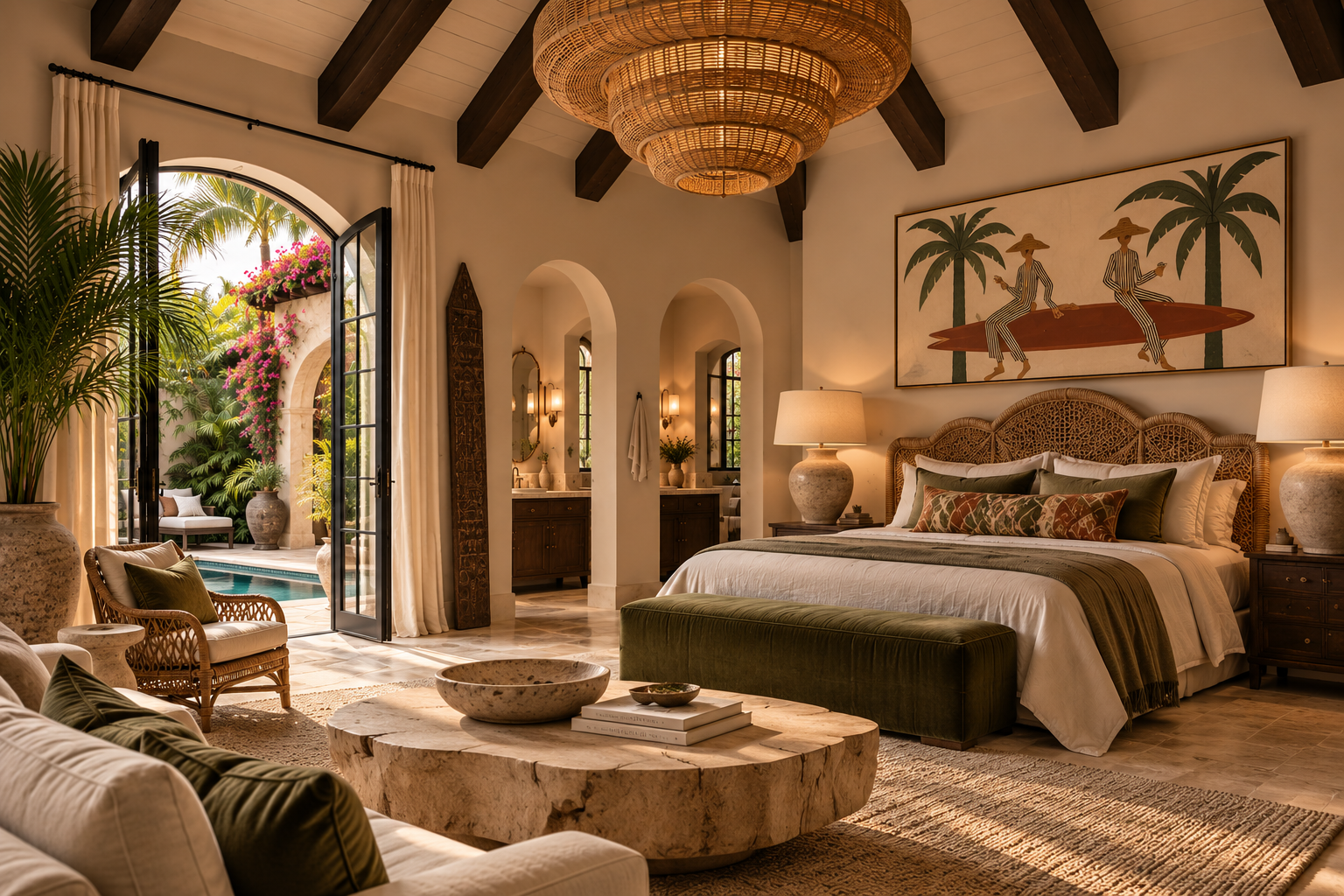 Luxurious bedroom with a large bed, tapestries, and armchairs, opening to a patio with greenery and a pool