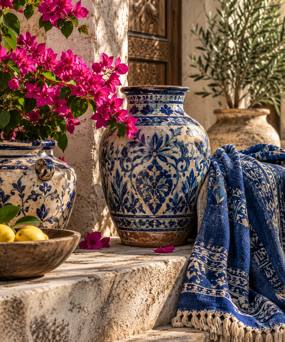 Weathered blue-and-cream pottery with an indigo textile, bougainvillea and natural materials in a sunlit courtyard.