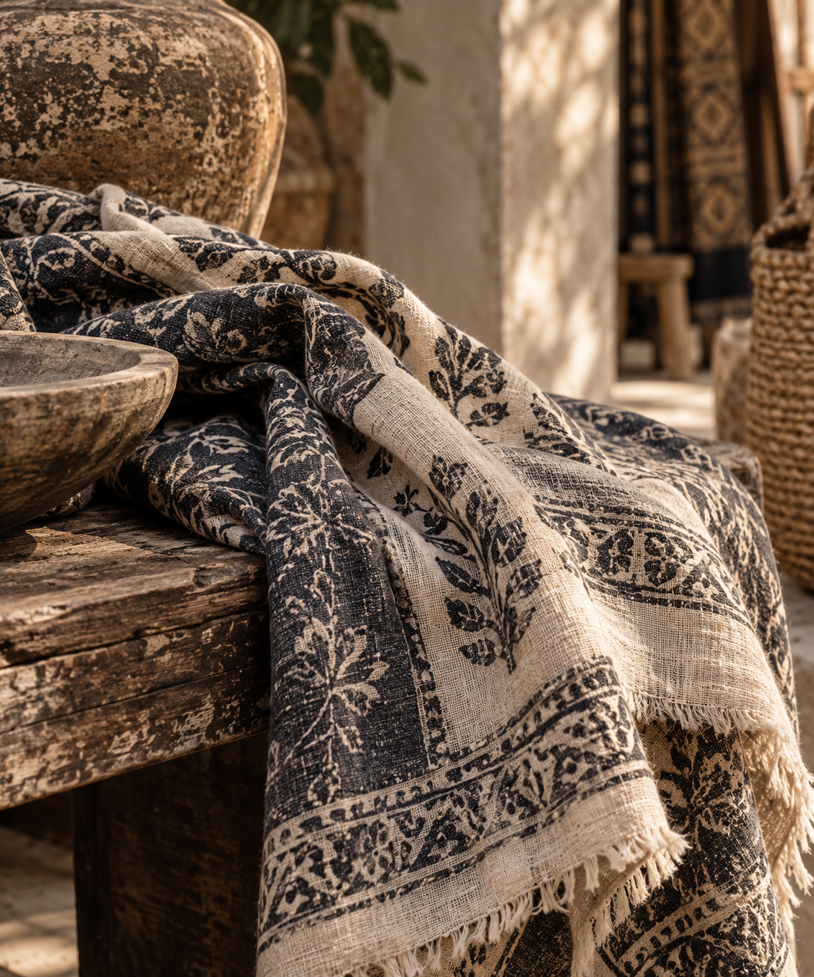 Hand-blocked indigo textile draped over weathered wood beside aged pottery and woven fibers in warm natural light.
