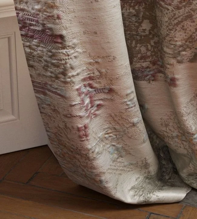 Courtney Fabric by Zimmer + Rohde, through Jane Clayton. Painterly pattern, raised texture, and softly muted hues bring artistic depth and understated warmth to a layered interior.