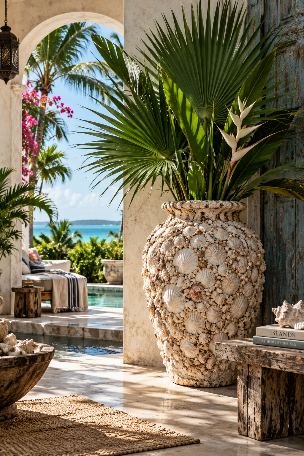 Shell-encrusted vessel filled with dramatic palm fronds in a sunlit tropical veranda with weathered blue wood, natural textures and turquoise water beyond.