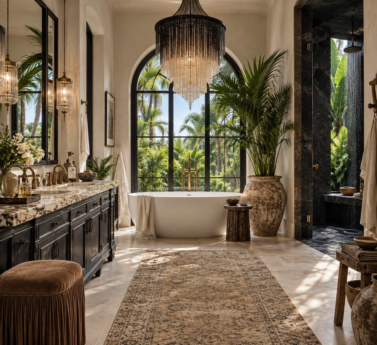 Luxurious bathroom with a freestanding bathtub by a large window, tropical plants, a dark wooden vanity with a marble countertop, and a chandelier hanging from the ceiling.