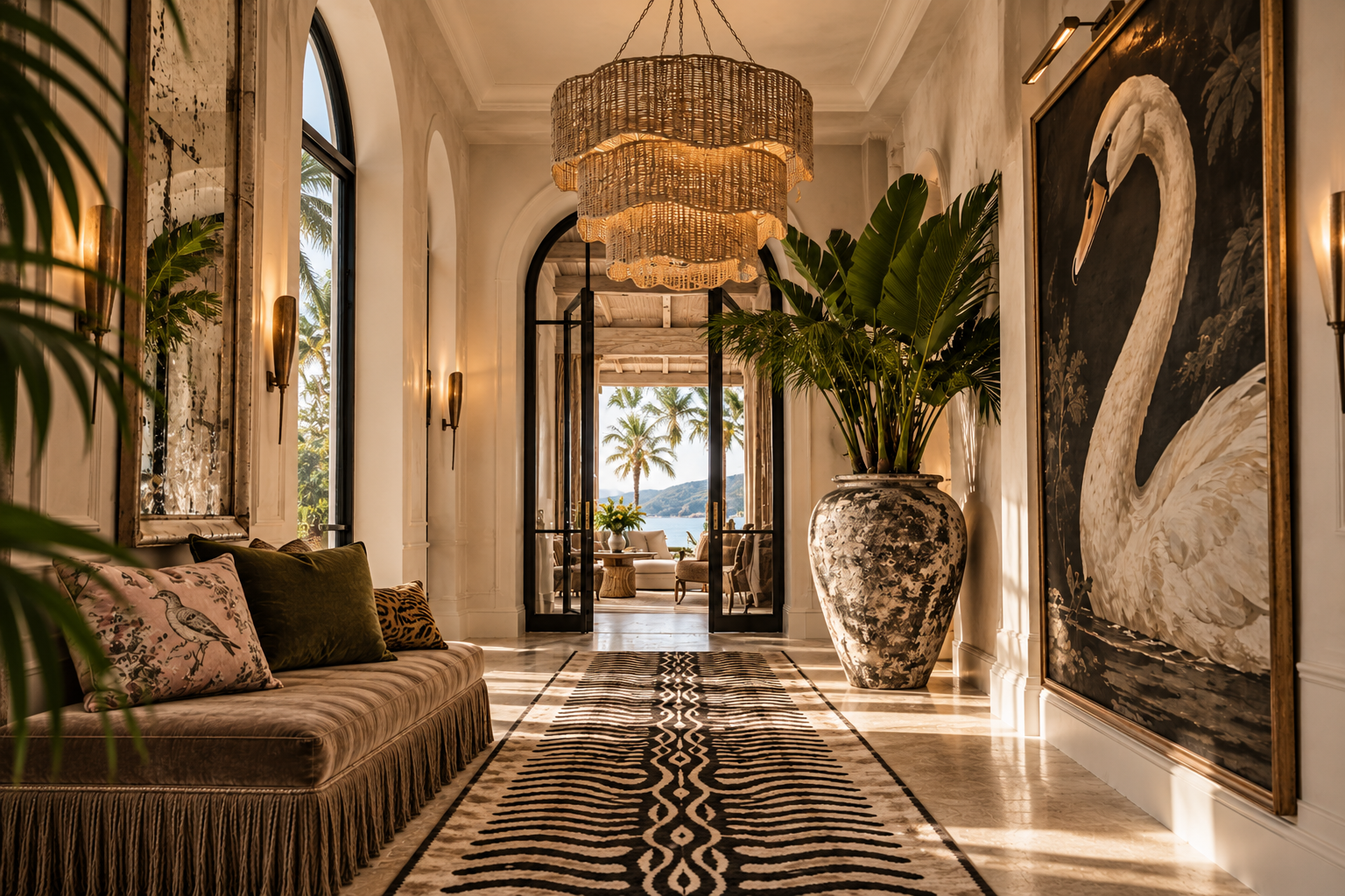 Luxury coastal entryway featuring an oversized woven chandelier, dramatic swan artwork, vintage-inspired furnishings, tropical greenery, and a bold patterned runner leading toward an ocean view.