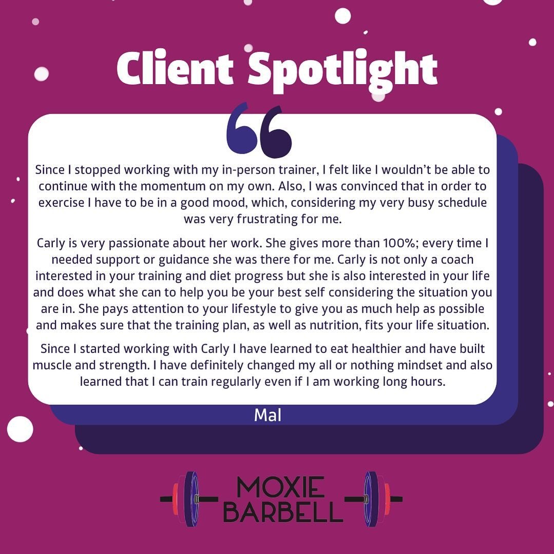 🚨Client Spotlight🚨

Check out what Mal has to say about her coaching experience with Moxie Barbell!

Mal has done such an awesome job transitioning from in-person to online training. She has gained confidence in her ability to train independently a
