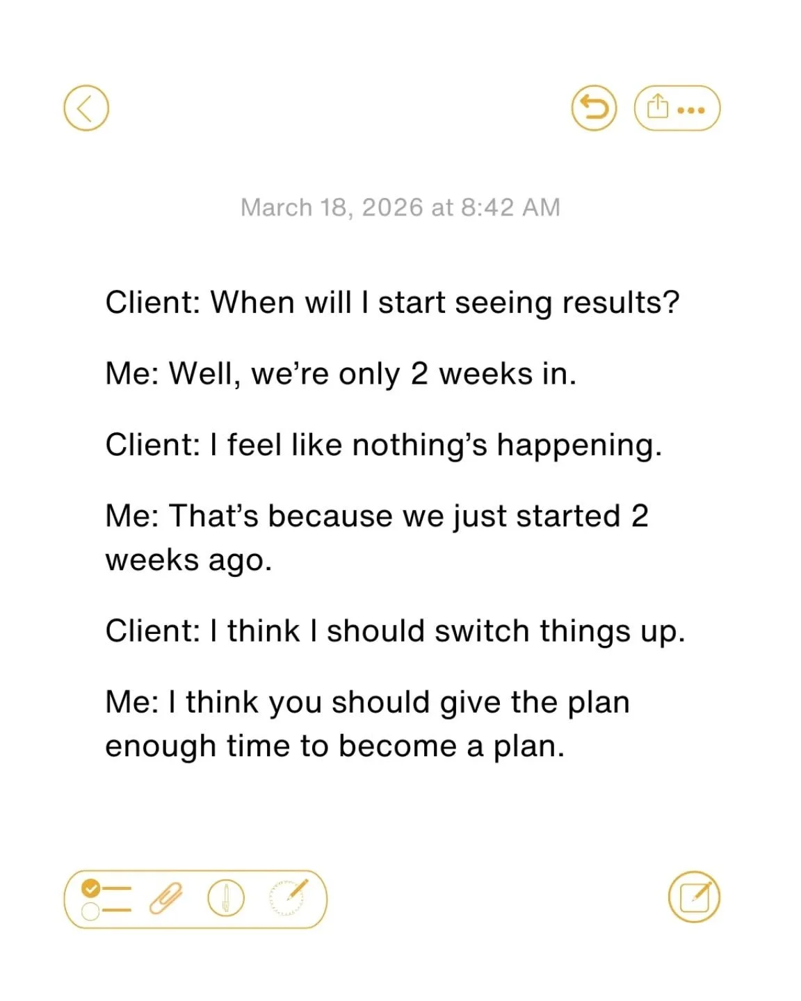 Two weeks feels like forever when you want change yesterday.

But results don&rsquo;t come from constantly switching the plan. They come from running it long enough to collect real data. 

If you&rsquo;re two weeks in and panicking, your next move is