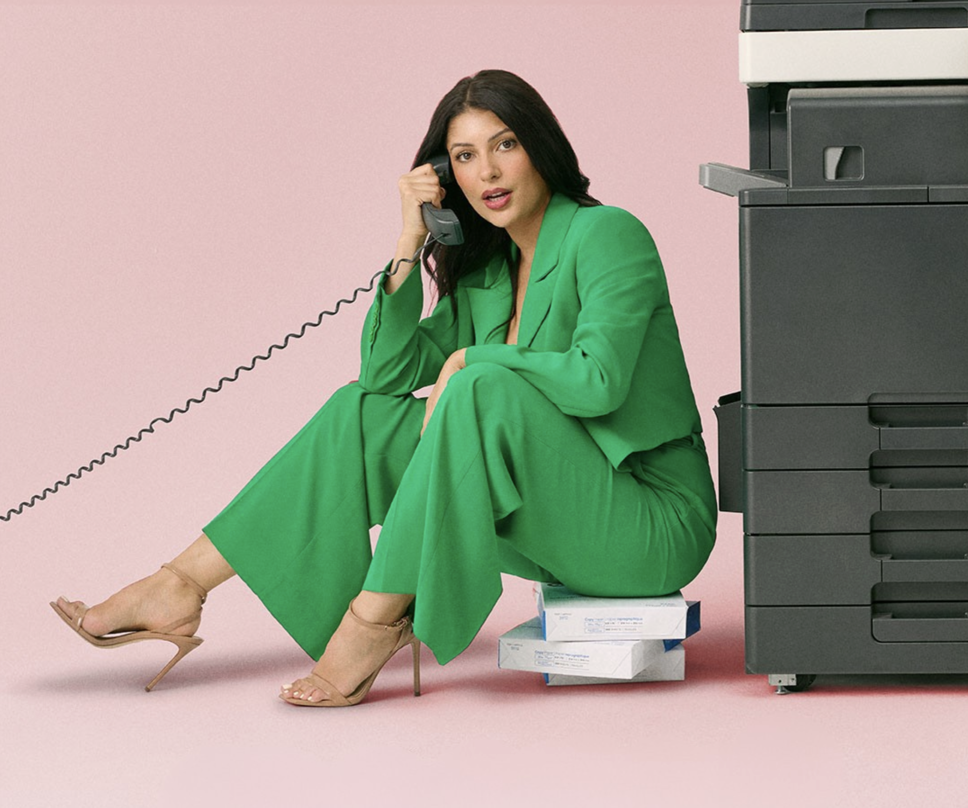 A photo of Emily Durham in a retro photo shoot for the Clock In podcast