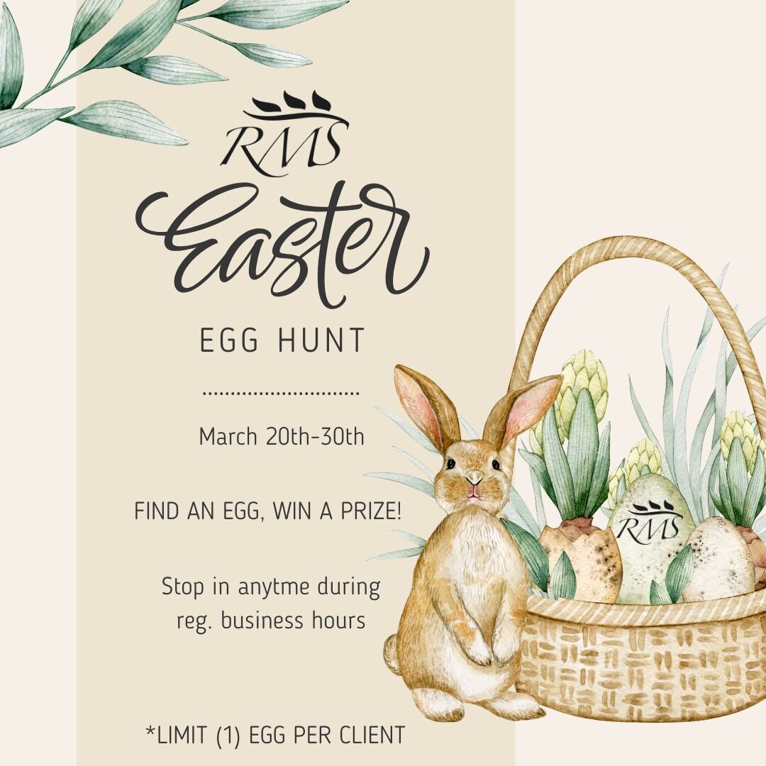 🐰🌸 EASTER EGG HUNT SPECIAL! 🌸🐰

Spring into relaxation with our Easter Egg Hunt at RMS! 🌼🥚 Hunt for hidden eggs throughout our spa and WIN amazing prizes!

Here's how to win:
Find hidden Easter eggs scattered throughout our spa during your visi