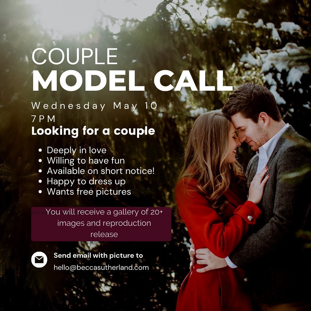 MODEL CALL: Tomorrow evening !!!

My models for a mentoring photoshoot tomorrow night cancelled last minute!  I&rsquo;m looking for a couple that is willing to dress up, have fun, and get free pictures!  Please EMAIL me (no DMs) to enter with a bit a