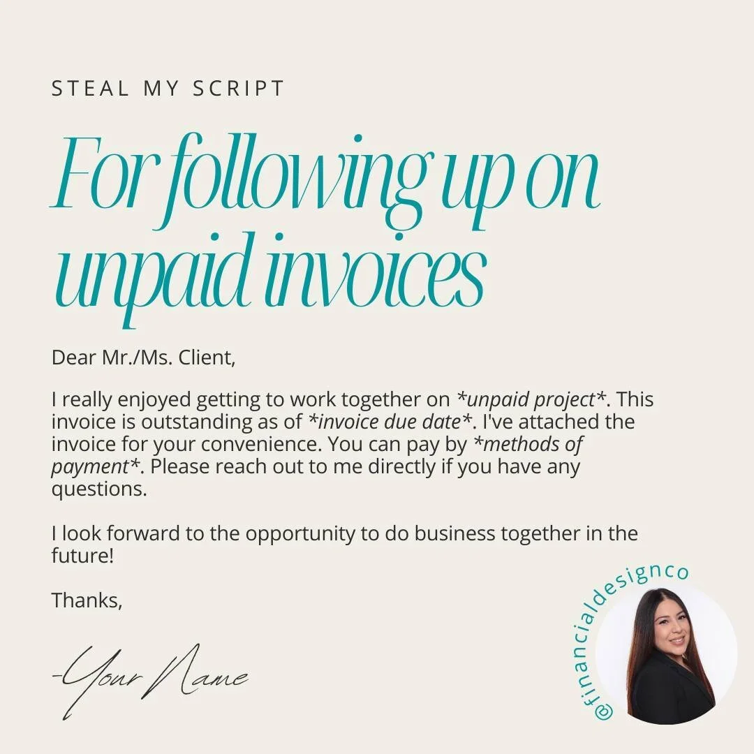 Save this post for the next time you've got the awkward task of following up on an unpaid invoice.

PLEASE don't be afraid to follow up on getting paid for your work - if you won't advocate for your business, who will? 

#financialdesign #virtualacco
