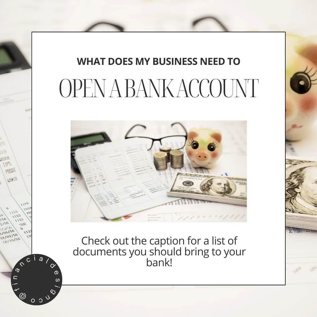 Save this post for when you're ready to open your first business bank account!

Here are some things your bank may ask for:

👉 Federal Tax ID number (EIN or SSN)
👉 Business Address &amp; Contact Information
👉 Business Registration or Partnership A