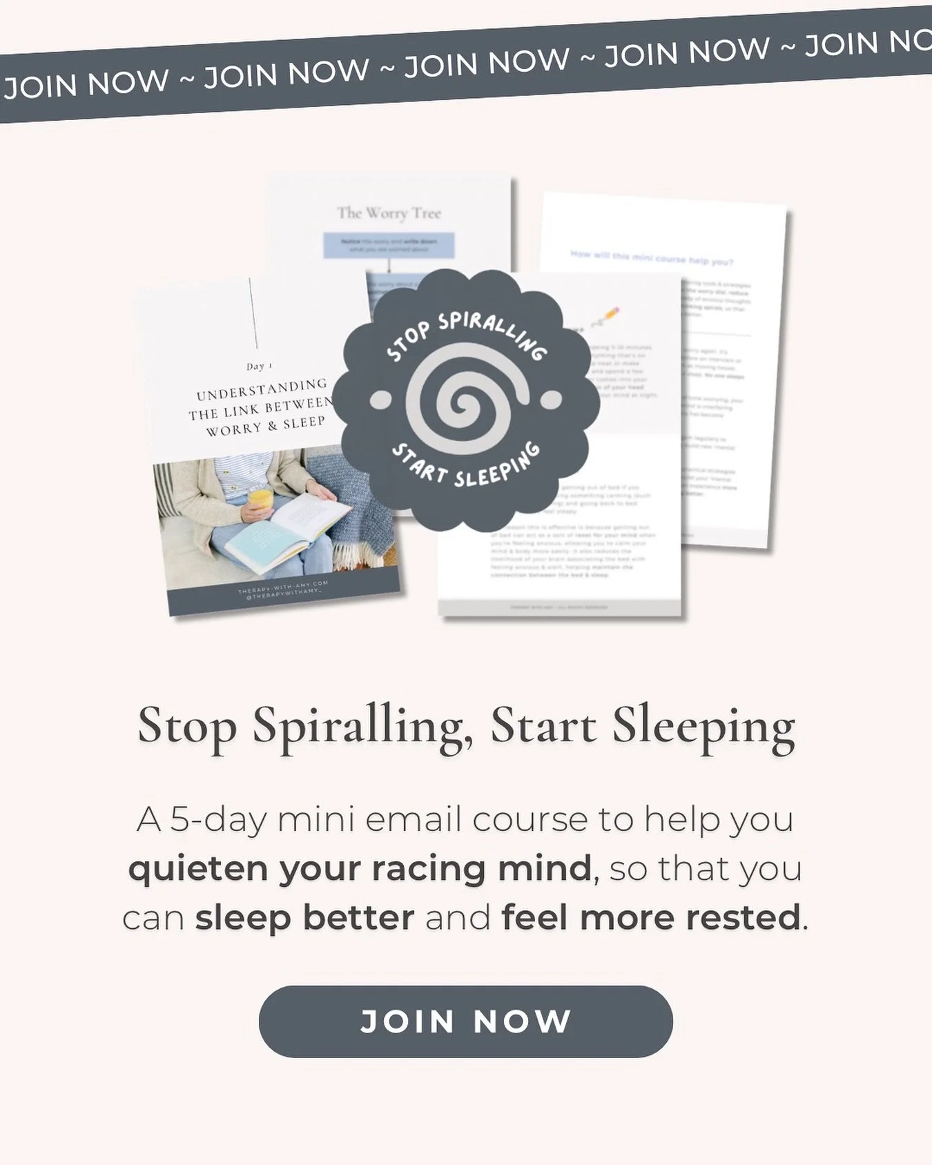 The details are down here 🌀⬇️

Stop Spiralling, Start Sleeping is for you if:

👉 Despite going to bed exhausted, your mind refuses to switch off and you lie awake worrying, unable to get to sleep

👉 You wake at 3am with a racing mind, thoughts spi