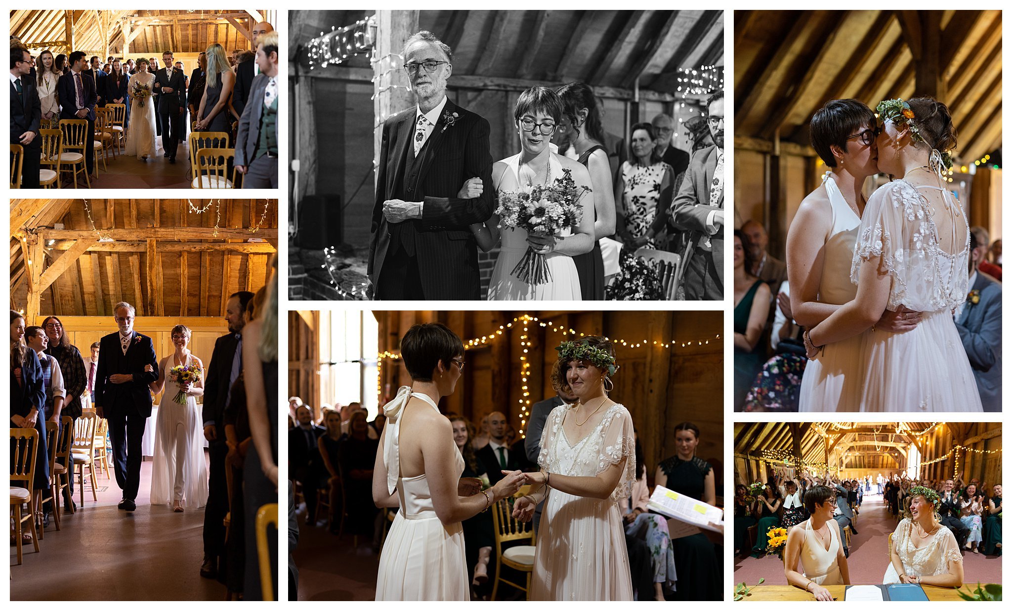 Multiple images of lesbian brides in their emotional ceremony, Gill and Harriet walking in with their Dads, them exchanging rings, sharing a first kiss and signing the register in Gilbert Whites House and barn