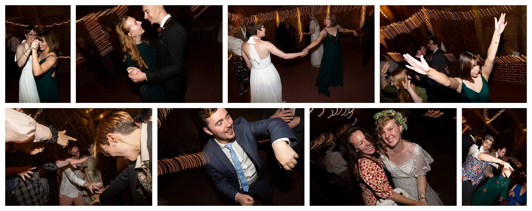 Epic dancefloor images of a queer wedding reception at Gilbert Whites Barn in Selborne. Epic light trails, facial expressions and lots of pointing is going on.