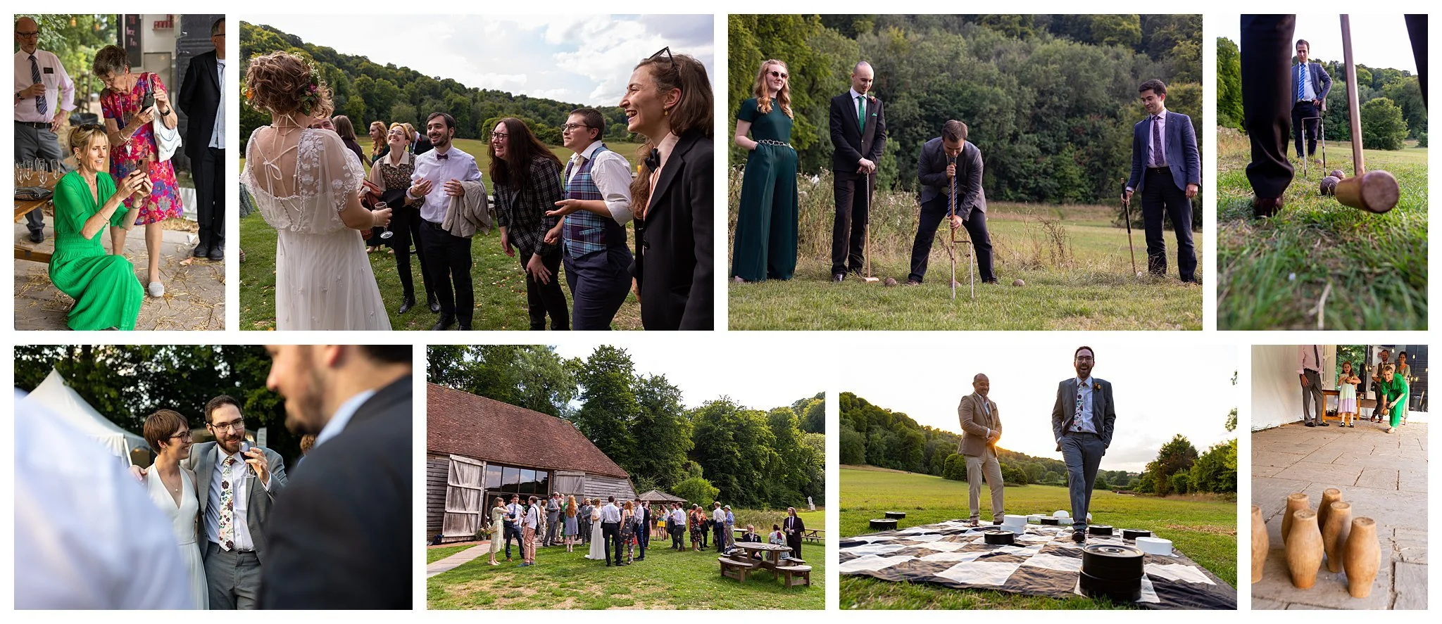 Relaxed candid photographs of a wedding reception at Gilbert Whites Barn and the field including giant draughts, croquet and wooden skittles. People are smiling and laughing.