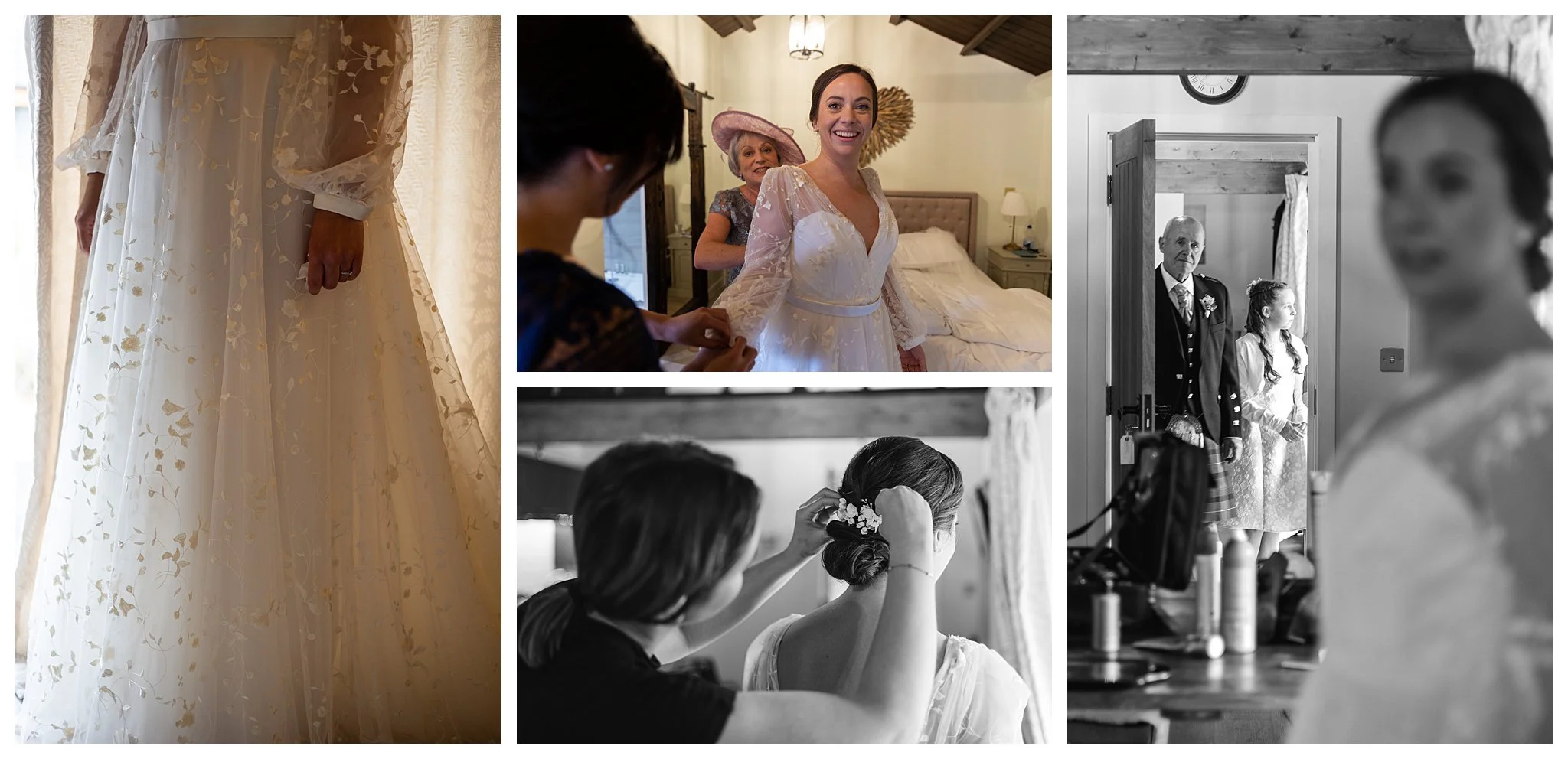 Preparation photos at Hillfields Farm Pangbourne with a Father seeing the bride in her modern lace dress