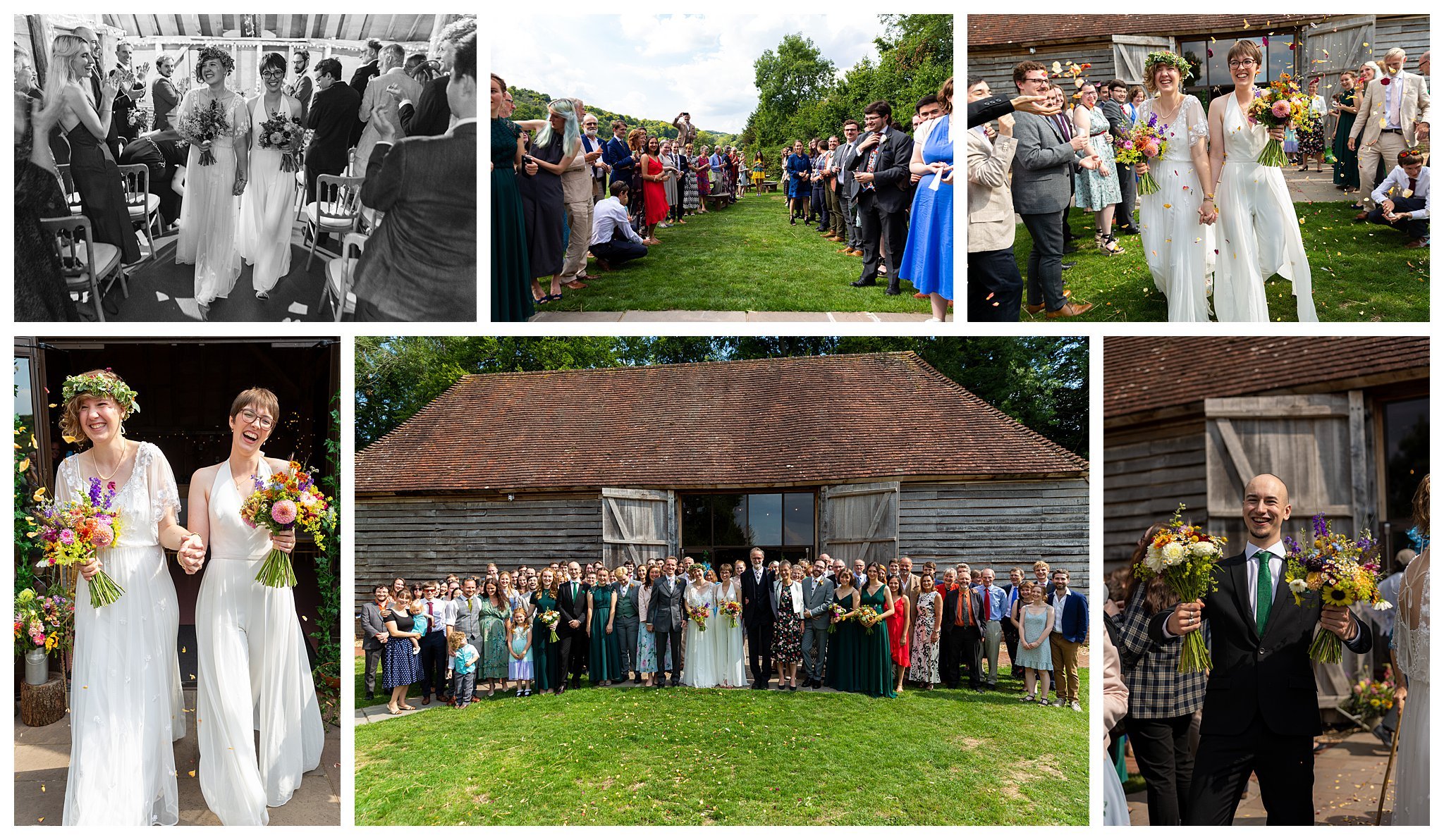 Multiple images in one of the post ceremony walk out, confetti tunnel of guests and two brides grinnning with colourful natural confetti. There's a group shot in front of Gilbert White's Barn and a man grinning with two bouquets.